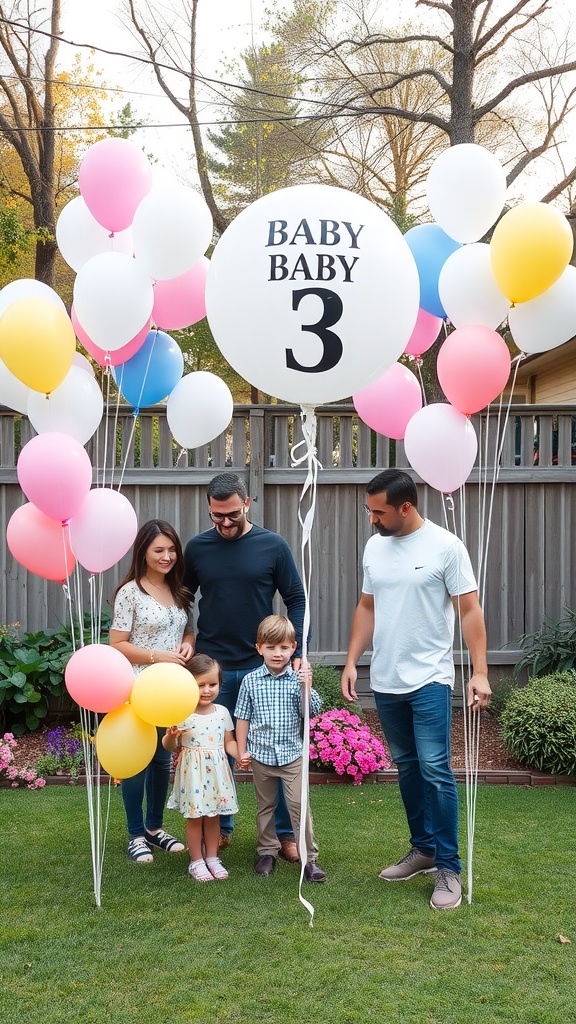 A family celebrating the announcement of their third baby with colorful balloons and a large balloon that says 'BABY 3'.