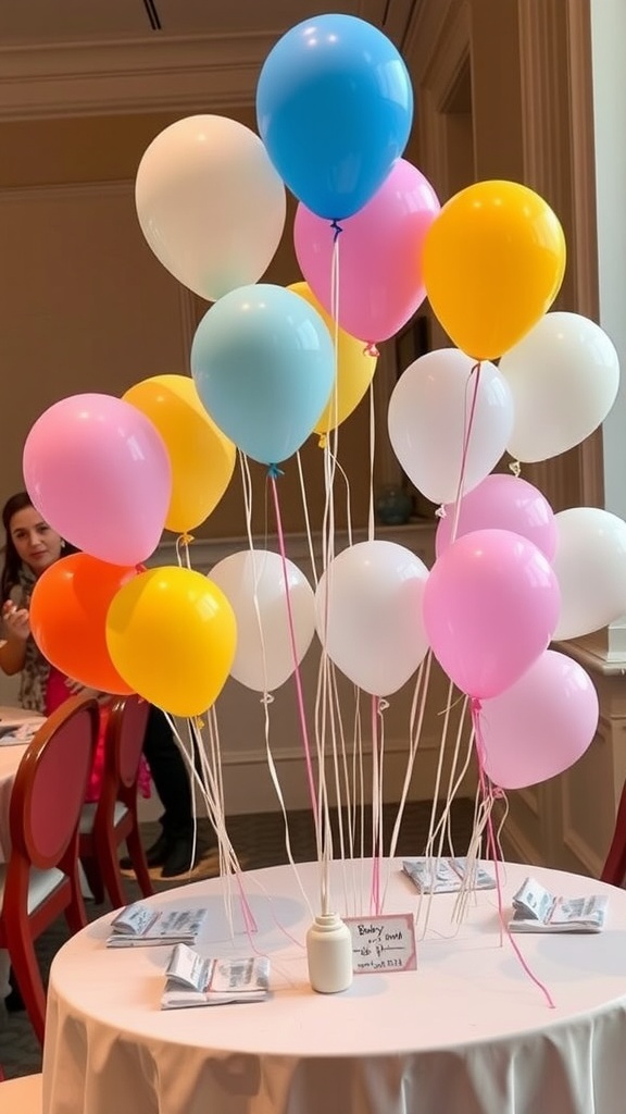 A festive balloon arrangement in various colors for a gender reveal party.