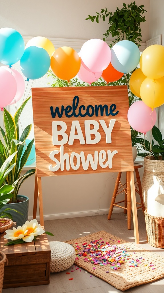 A baby shower welcome sign surrounded by colorful balloons and confetti