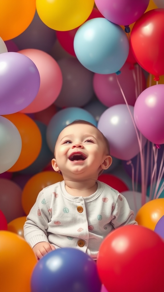 A joyful baby surrounded by colorful balloons, smiling and creating a cheerful atmosphere.