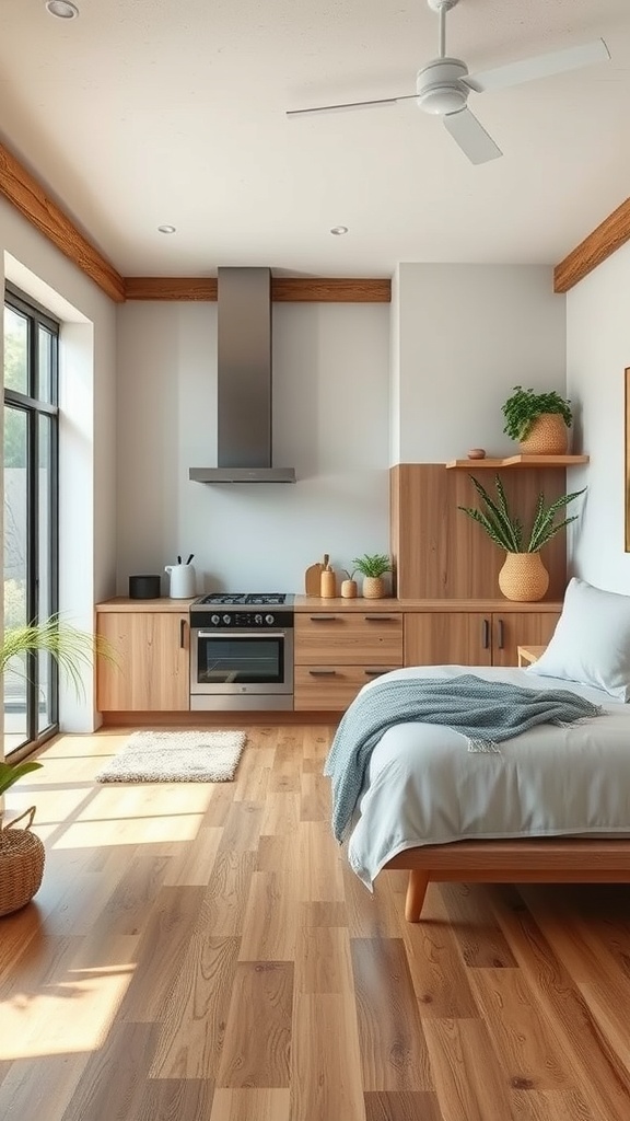 A rustic kitchen featuring bamboo flooring, wooden cabinetry, and natural light.