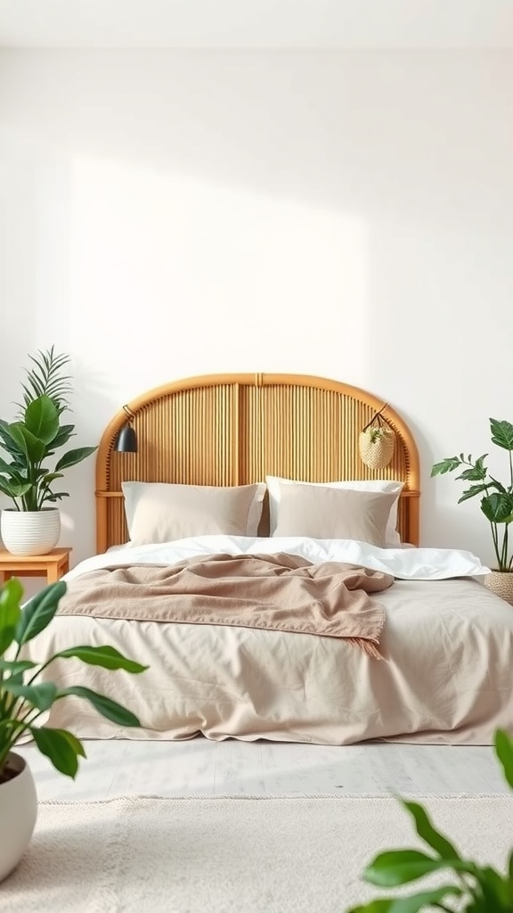 Stylish bamboo headboard in a serene bedroom setting with plants and neutral bedding.