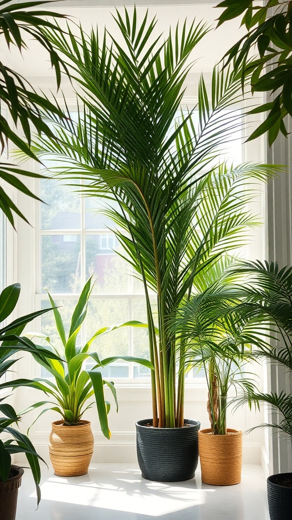 A bright, sunny room featuring a tall Bamboo Palm surrounded by smaller plants in decorative pots.