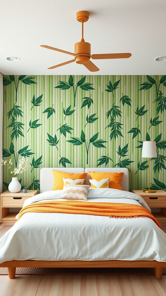 Bedroom with bamboo wall panels, orange ceiling fan, and vibrant decor