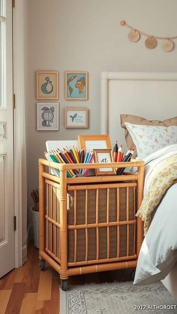 A bamboo storage cart filled with colored pencils next to a bed with decorative art on the wall.