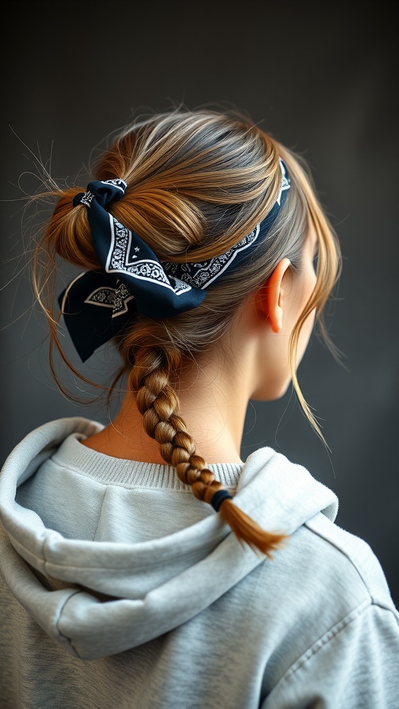 A young woman with a bandana headband, styled hair in a braid, wearing a gray hoodie.
