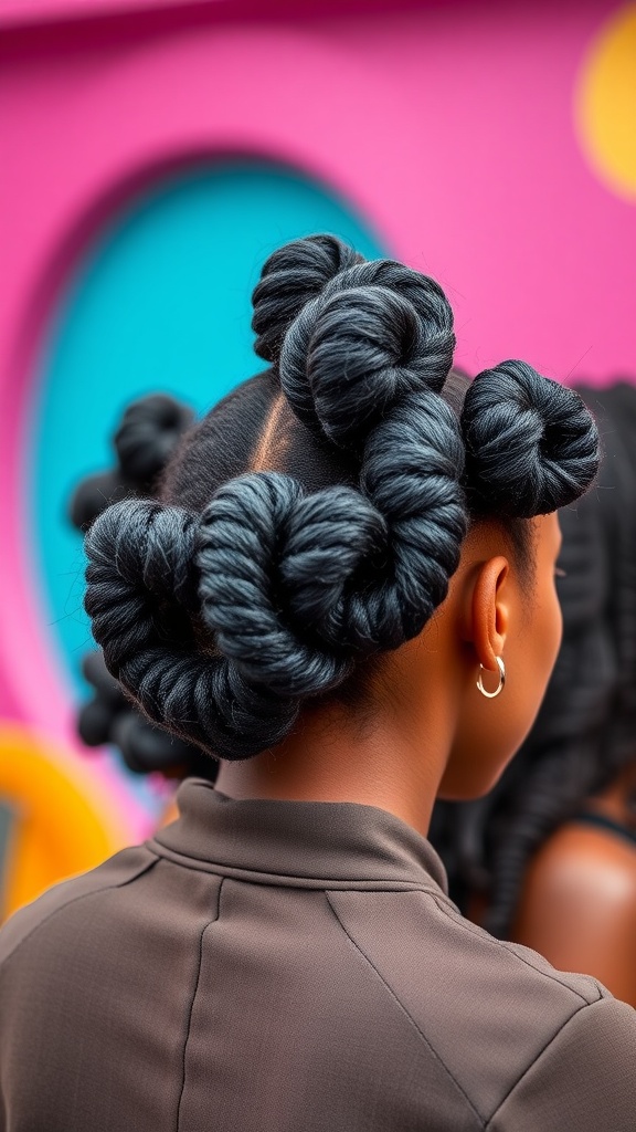 A person with Bantu knots in their hair against a colorful backdrop.