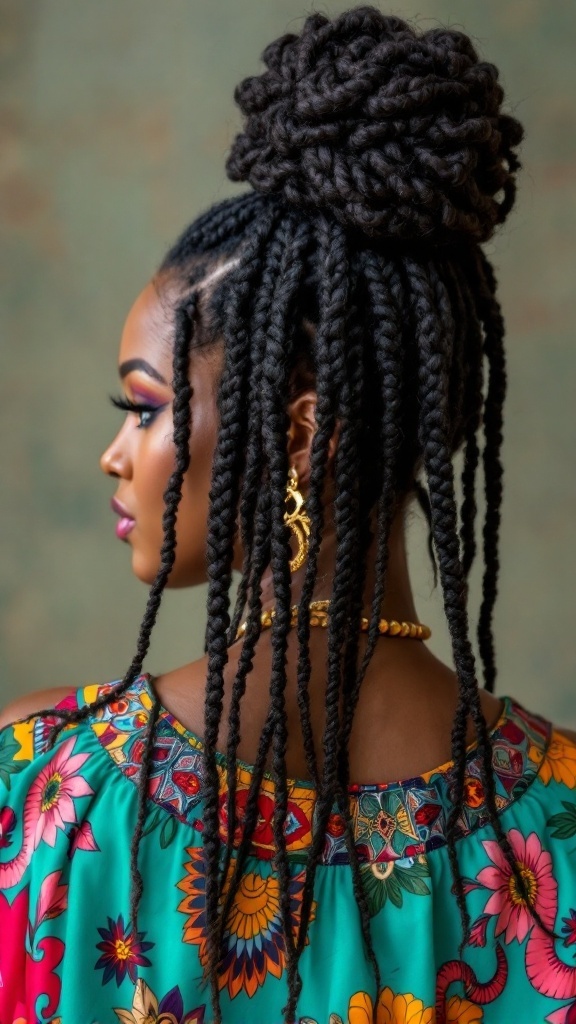 A woman showcasing Bantu knots hairstyle with intricate patterns, wearing a colorful outfit.