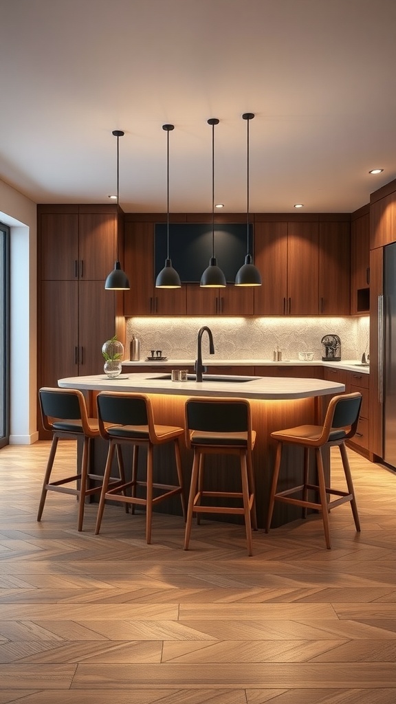 Modern kitchen with a bar-height island and seating, featuring sleek design and warm wood tones.