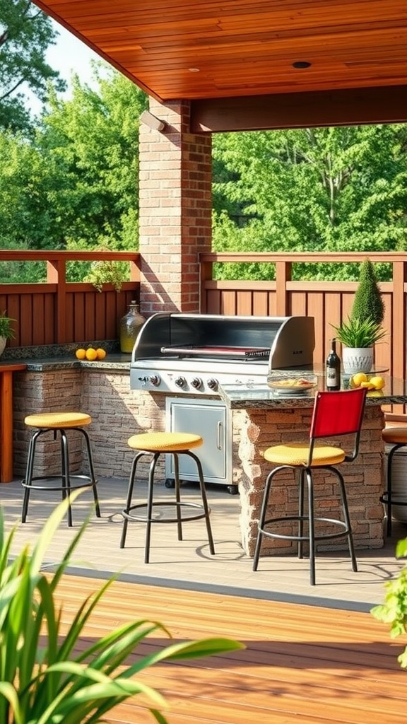 A stylish barbecue station featuring a grill and bar stools on a deck