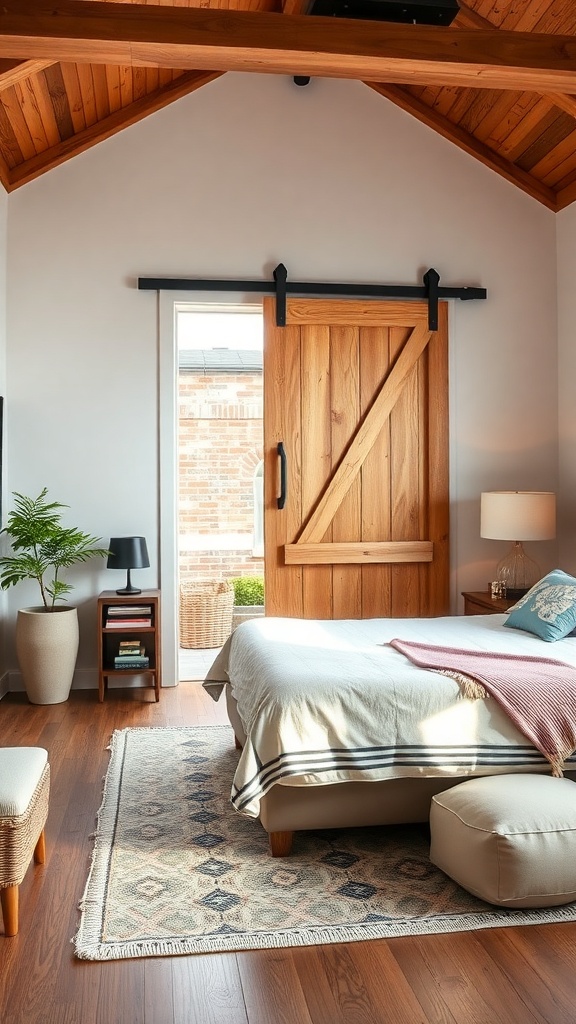 A cozy bedroom featuring a rustic barn door, wooden ceiling, and warm decor.