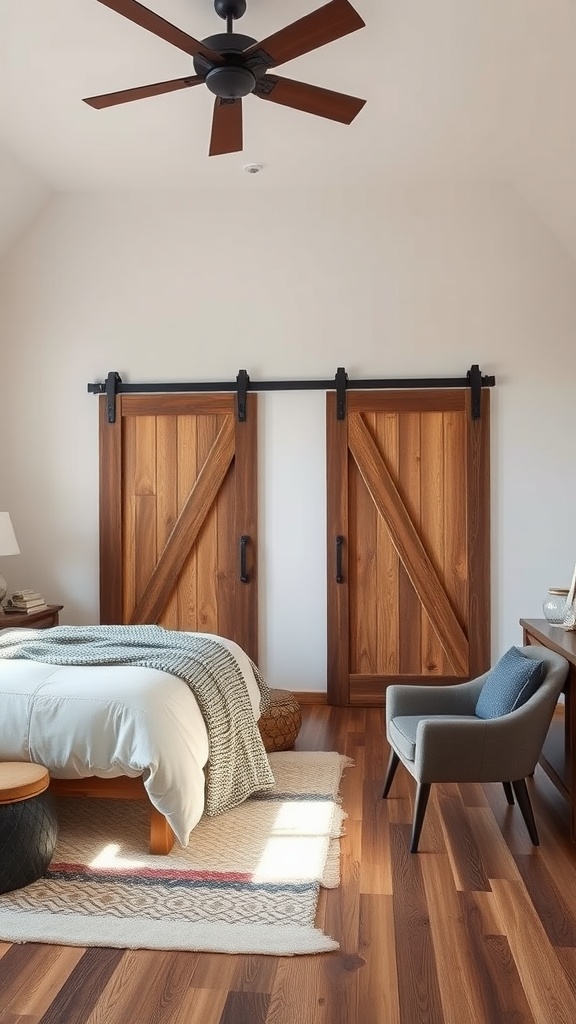 A cozy bedroom featuring wooden barn doors, a bed with a light blanket, and a stylish chair.