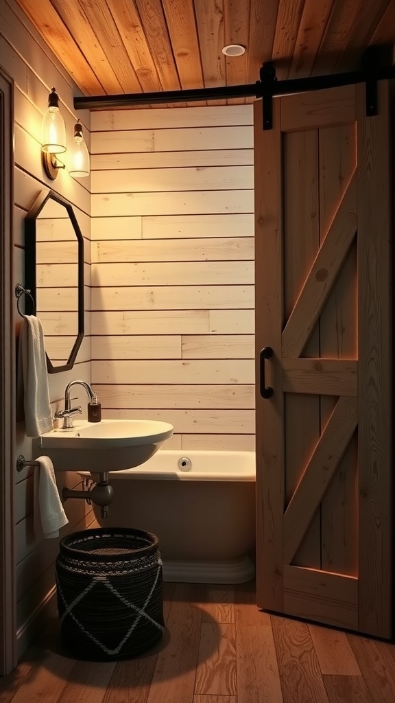 A rustic bathroom featuring a wooden barn door, round sink, and wooden accents.