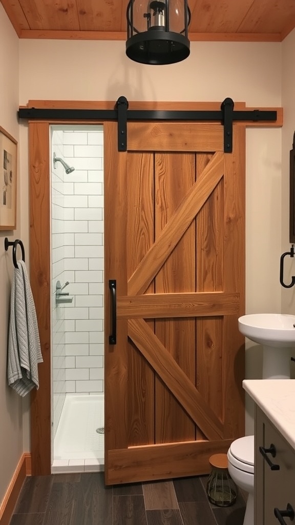 A rustic barn door leading to a shower area in a bathroom.