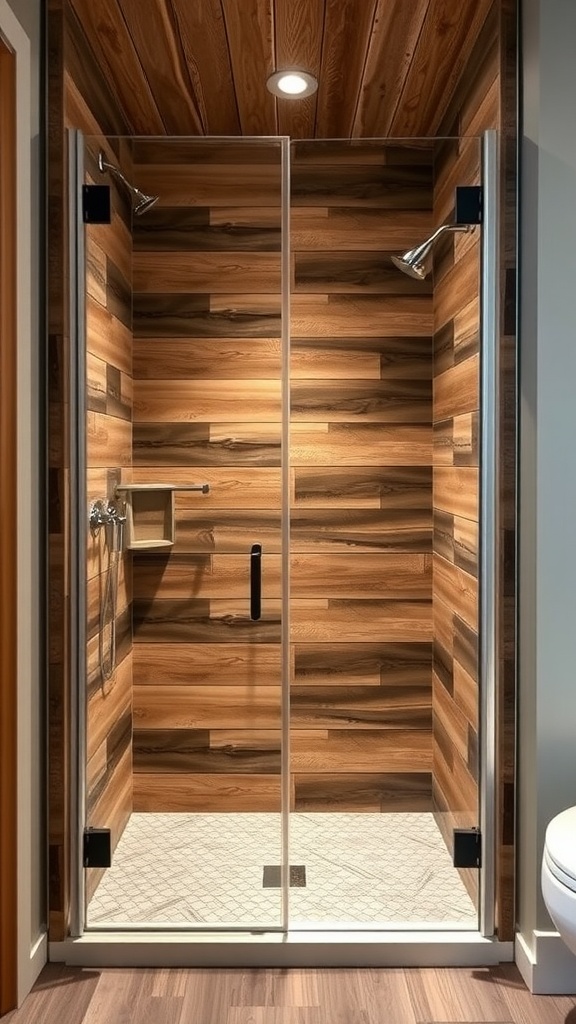 Rustic walk-in shower with barn wood wall panels
