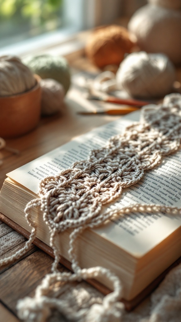 A handcrafted crochet bookmark on an open book with yarn and tools in the background.