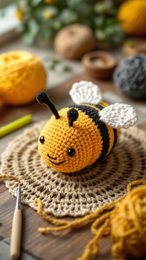 A cute crocheted bee with yellow and black stripes, sitting on a round crochet mat surrounded by yarn balls and a crochet hook.