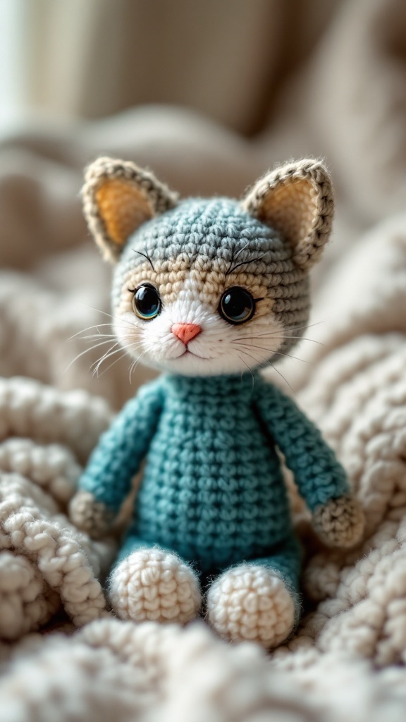 A cute crochet cat amigurumi with teal body and gray ears, sitting on a cozy blanket.