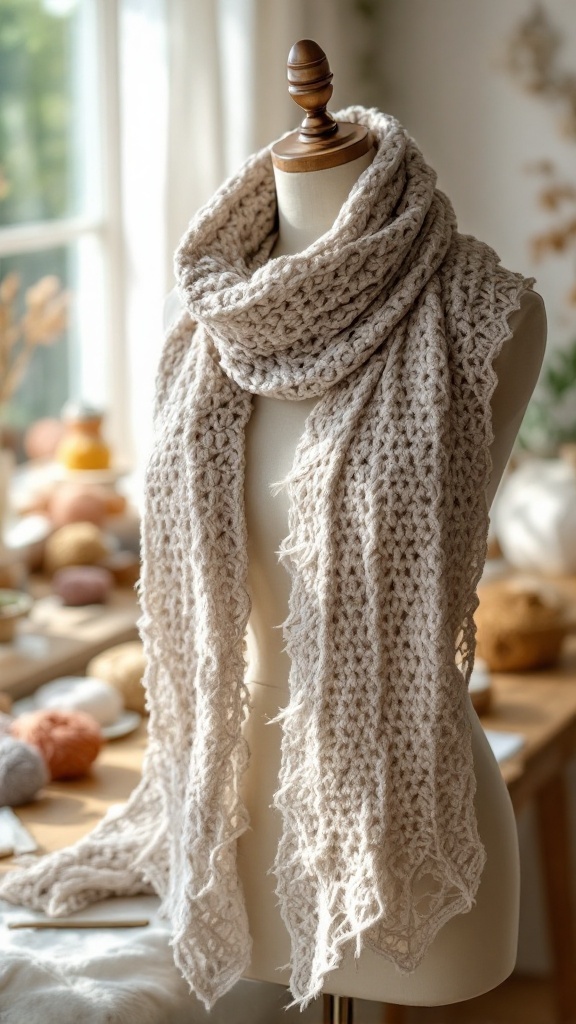 A cozy crochet scarf displayed on a mannequin, showcasing its soft texture and warm color.