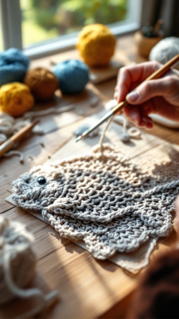 A person crocheting a fish with colorful yarn balls in the background.