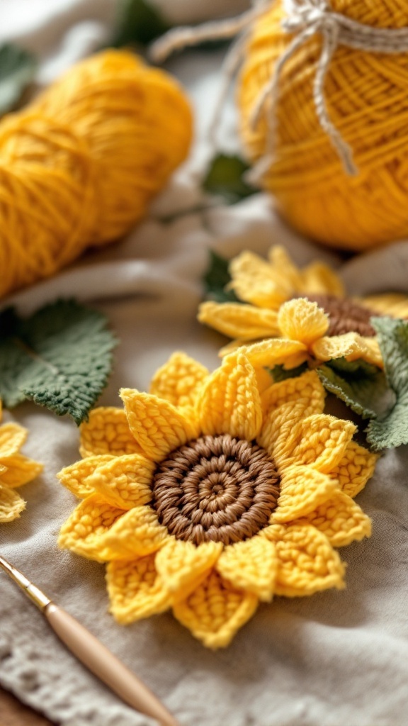 Crochet sunflower made with yellow and brown yarn, showcasing a textured center and petal design.