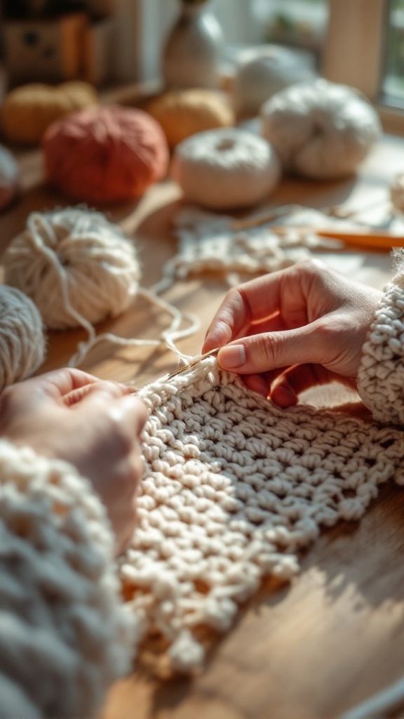 A close-up of hands crocheting a thick yarn piece, surrounded by colorful yarn balls.