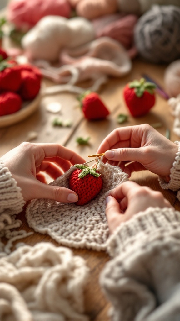Hands crocheting a red strawberry with green leaves, surrounded by colorful yarn.