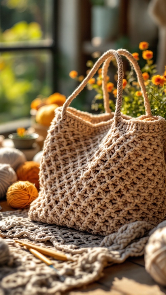 A cozy crochet tote bag made of soft yarn, surrounded by yarn balls and crochet hooks.