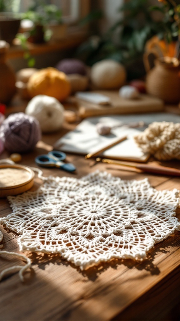 Crochet doily on a table surrounded by yarn and crafting materials.