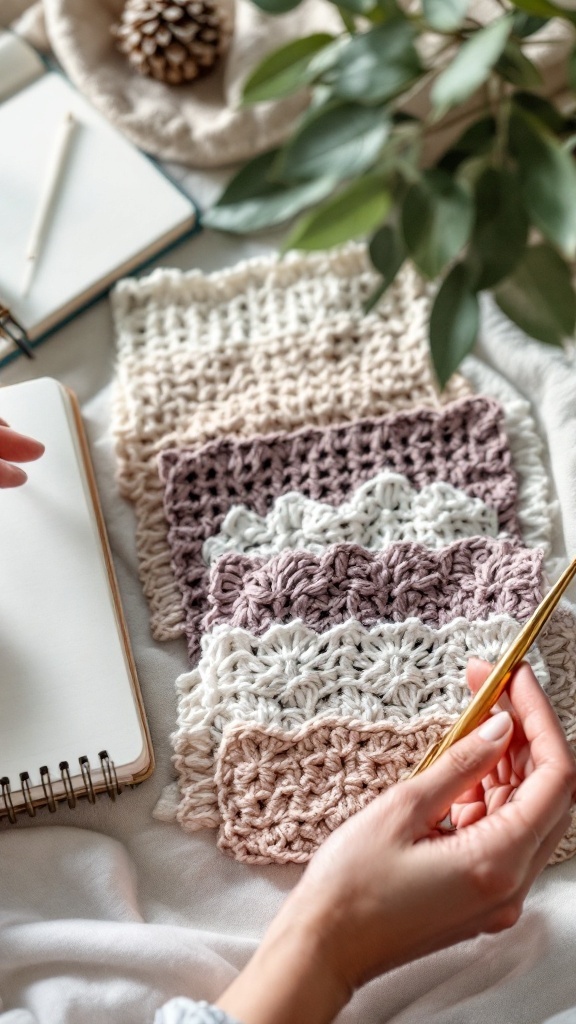 Close-up of crochet swatches in neutral colors with a hand holding a crochet hook