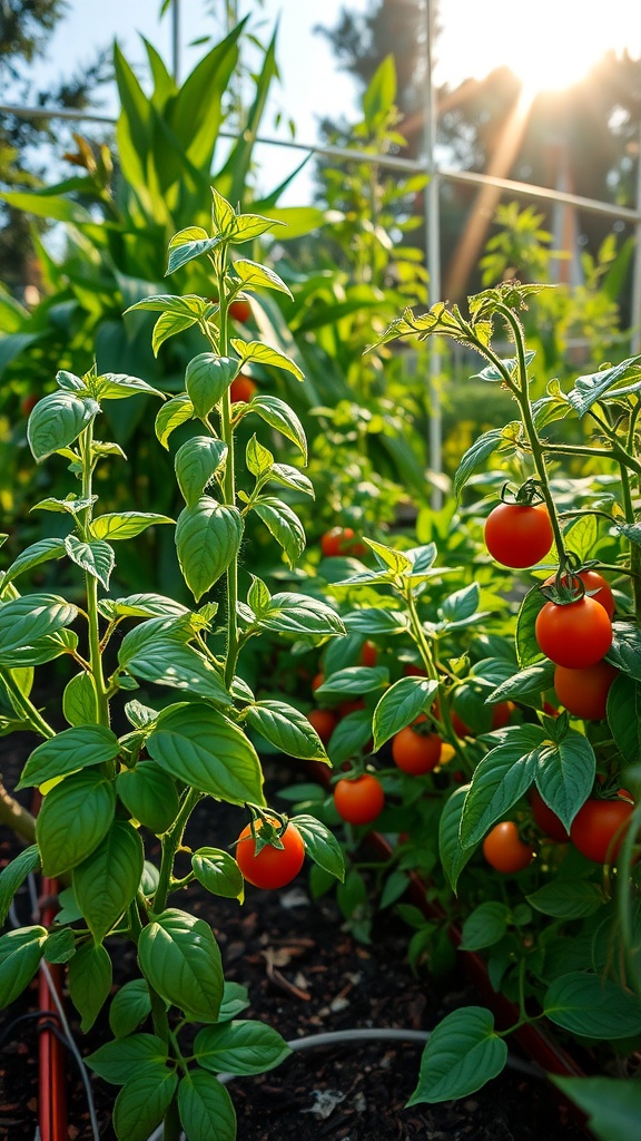 Basil and tomatoes growing together in a garden