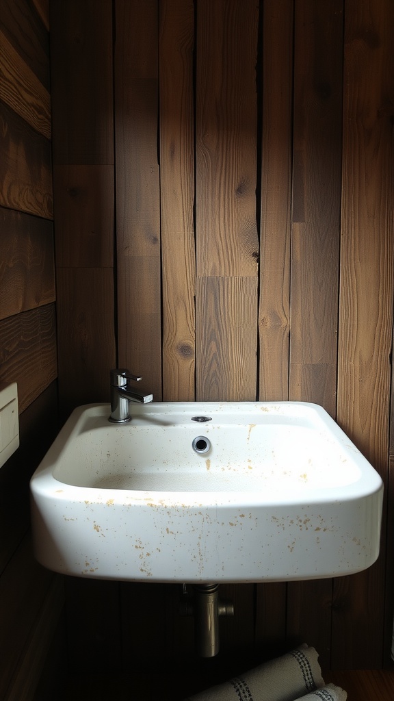 Rustic basin sink with a distressed finish in a wooden bathroom