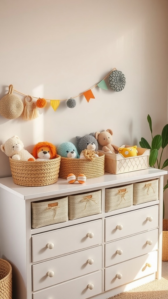 A nursery dresser organized with baskets and containers for storing toys and stuffed animals.