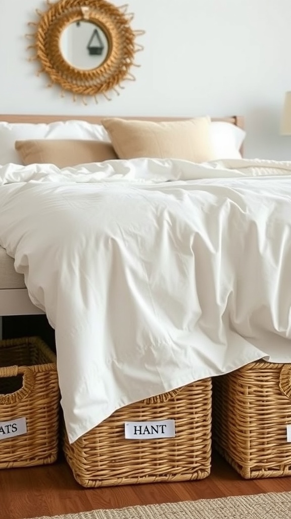 Cozy bedroom with a bed and organized under-bed storage baskets