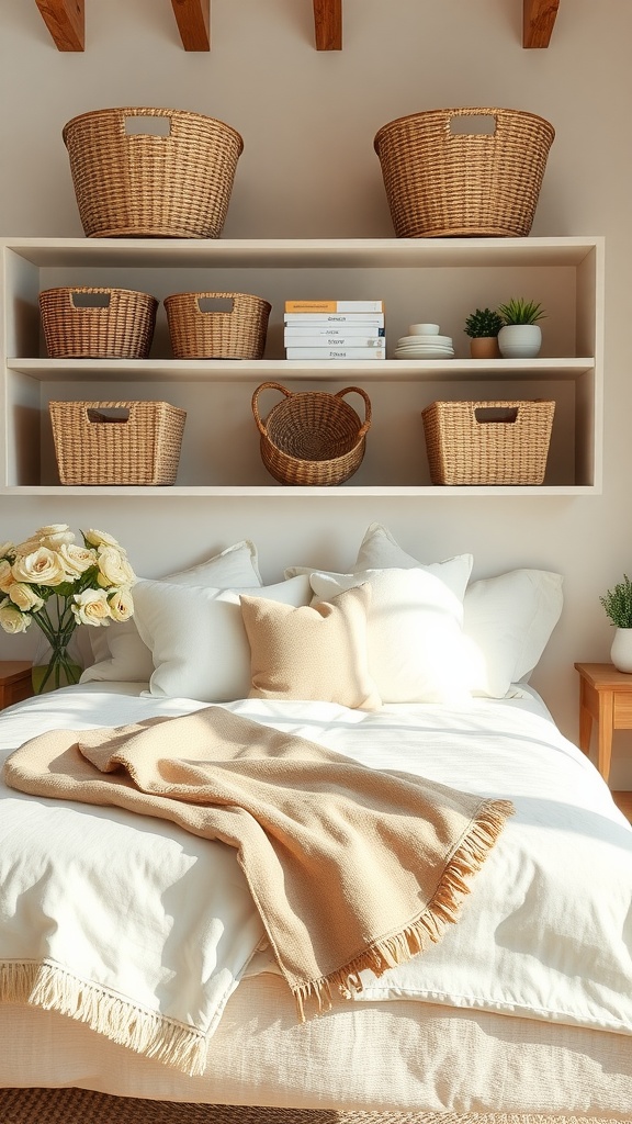 A cozy bedroom featuring woven baskets on shelves, providing a neat storage solution.