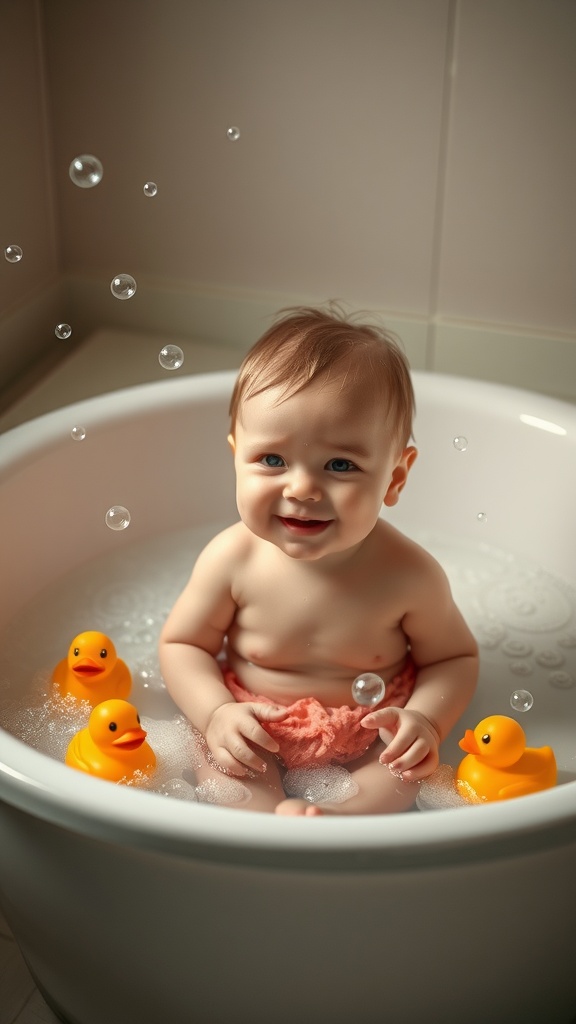 A happy baby sitting in a bubble bath with rubber ducks.