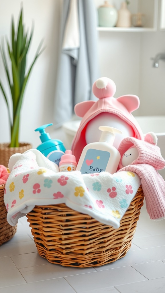A wicker basket filled with baby bath essentials like lotions, shampoos, and a pink hooded towel.