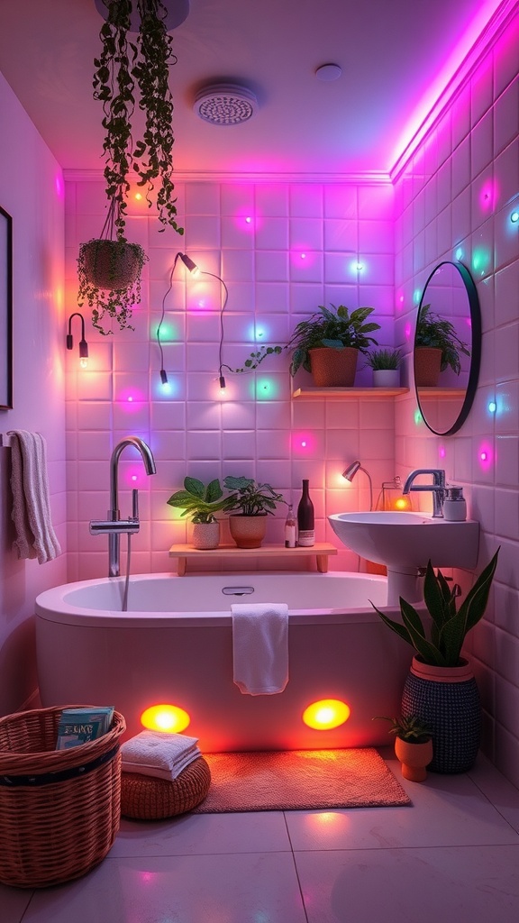 A colorful bathroom with plants and color-changing lights, featuring a tub and sink.