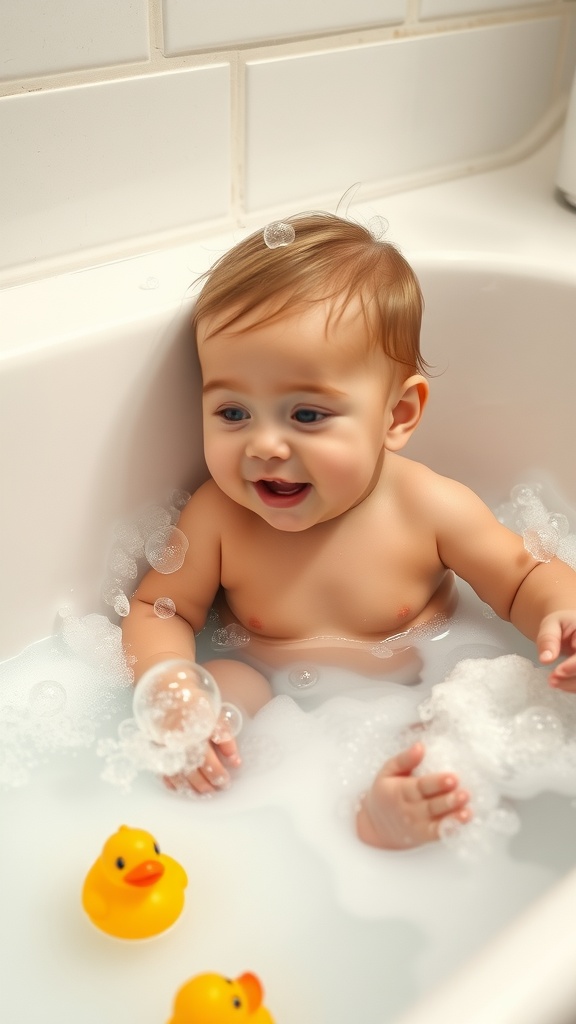 A 6-month-old baby playing in a bubble bath with rubber ducks, smiling joyfully.