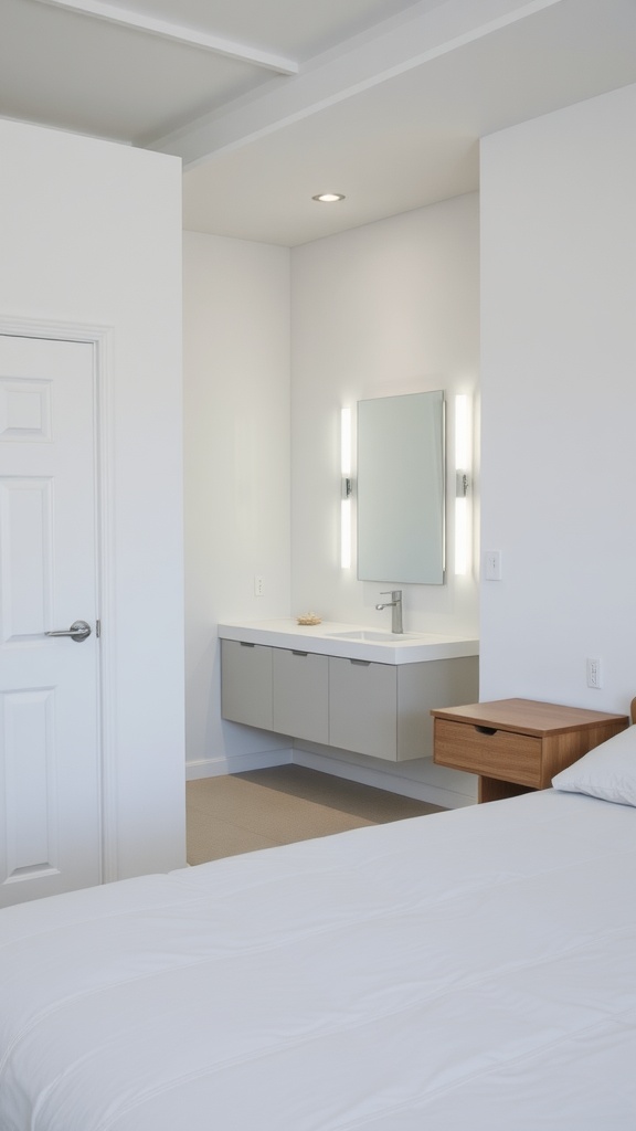 A modern bedroom with a bathroom-adjacent mirror featuring integrated lighting.