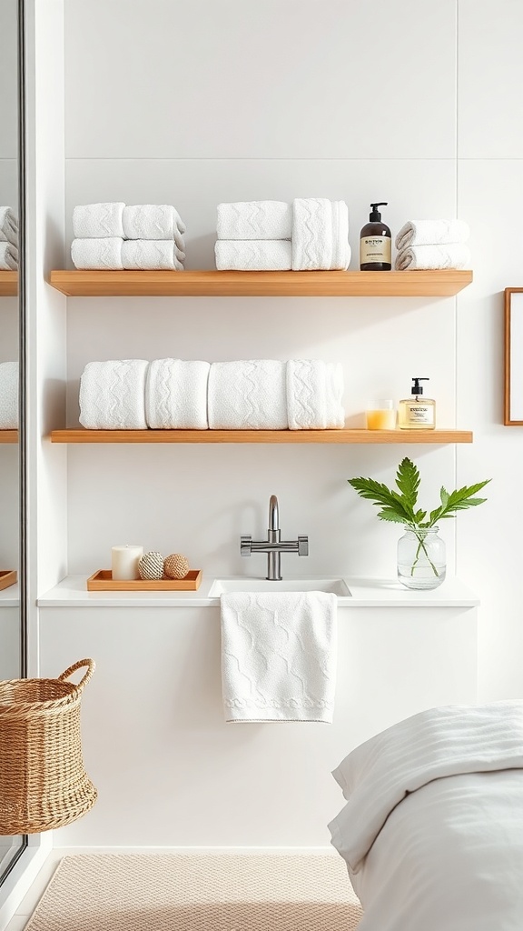 A modern bathroom with wooden shelves holding rolled white towels and decorative items.