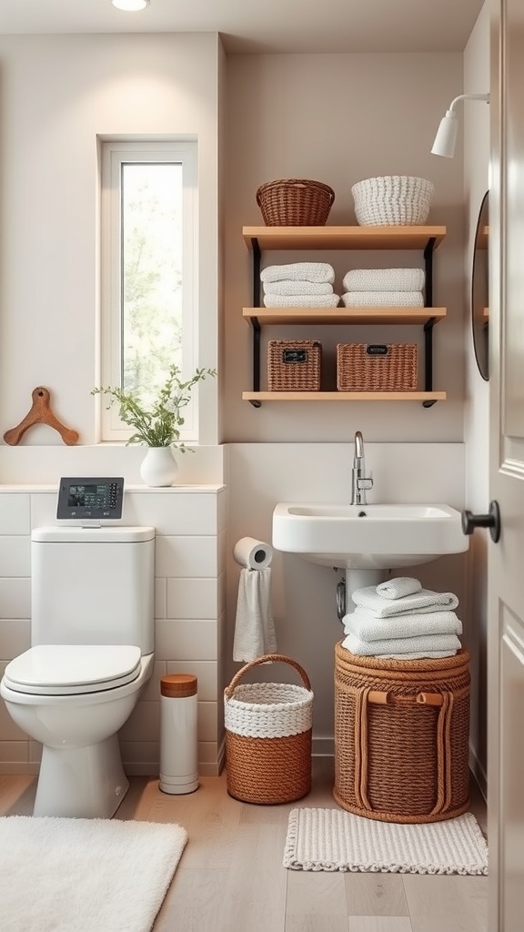 A stylish small bathroom with organized shelves, towels, and decorative baskets.