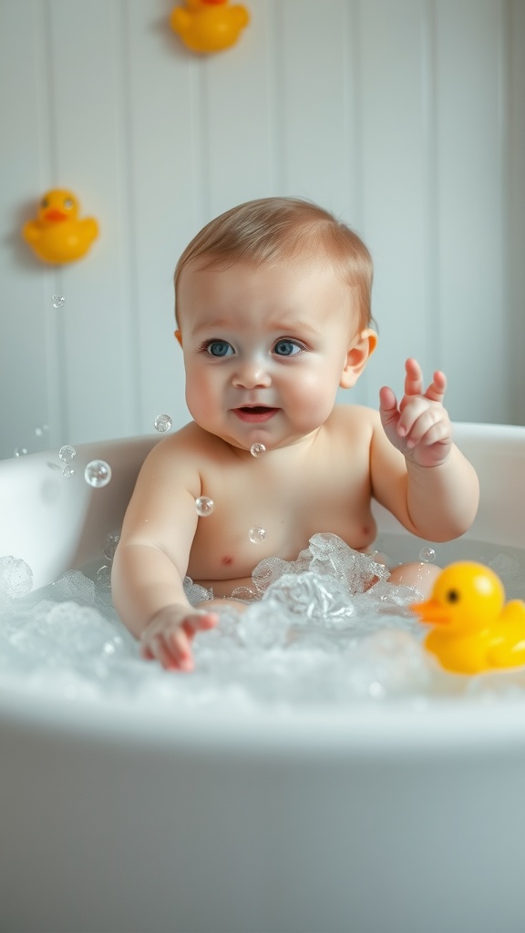 A joyful baby playing in a bathtub filled with bubbles and a rubber duck