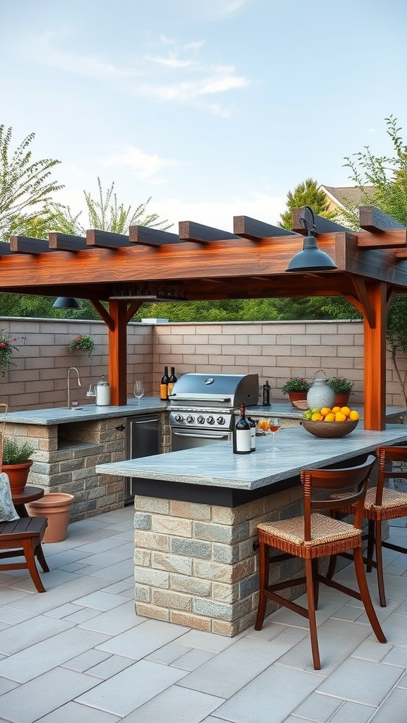 A beautiful outdoor BBQ island featuring a grill, seating, and a stylish wooden pergola.