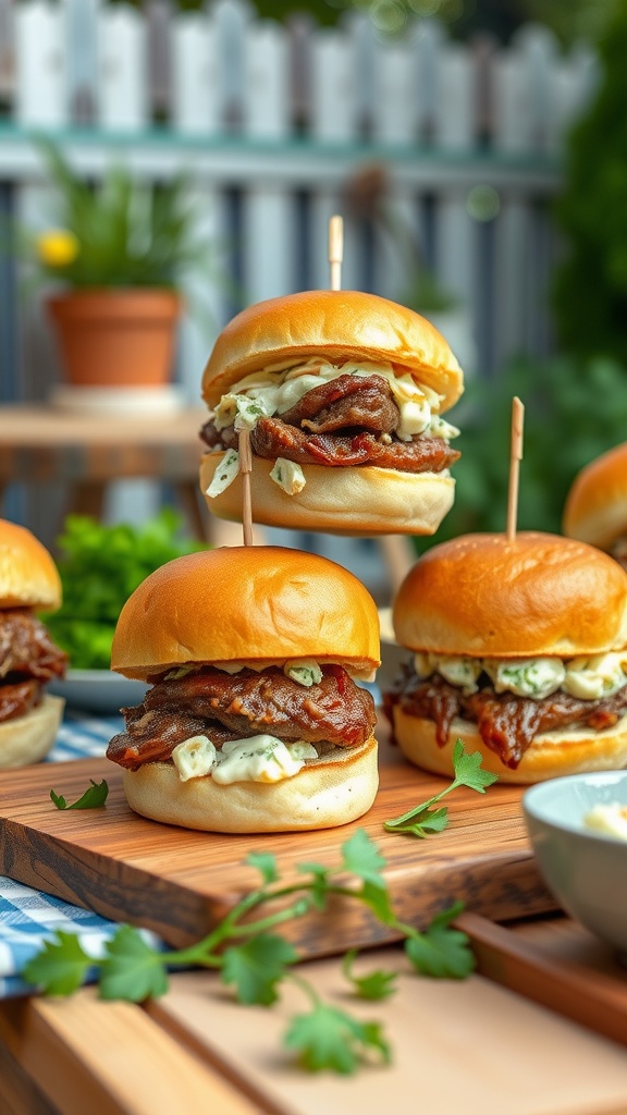BBQ pulled pork sliders with coleslaw on a wooden board