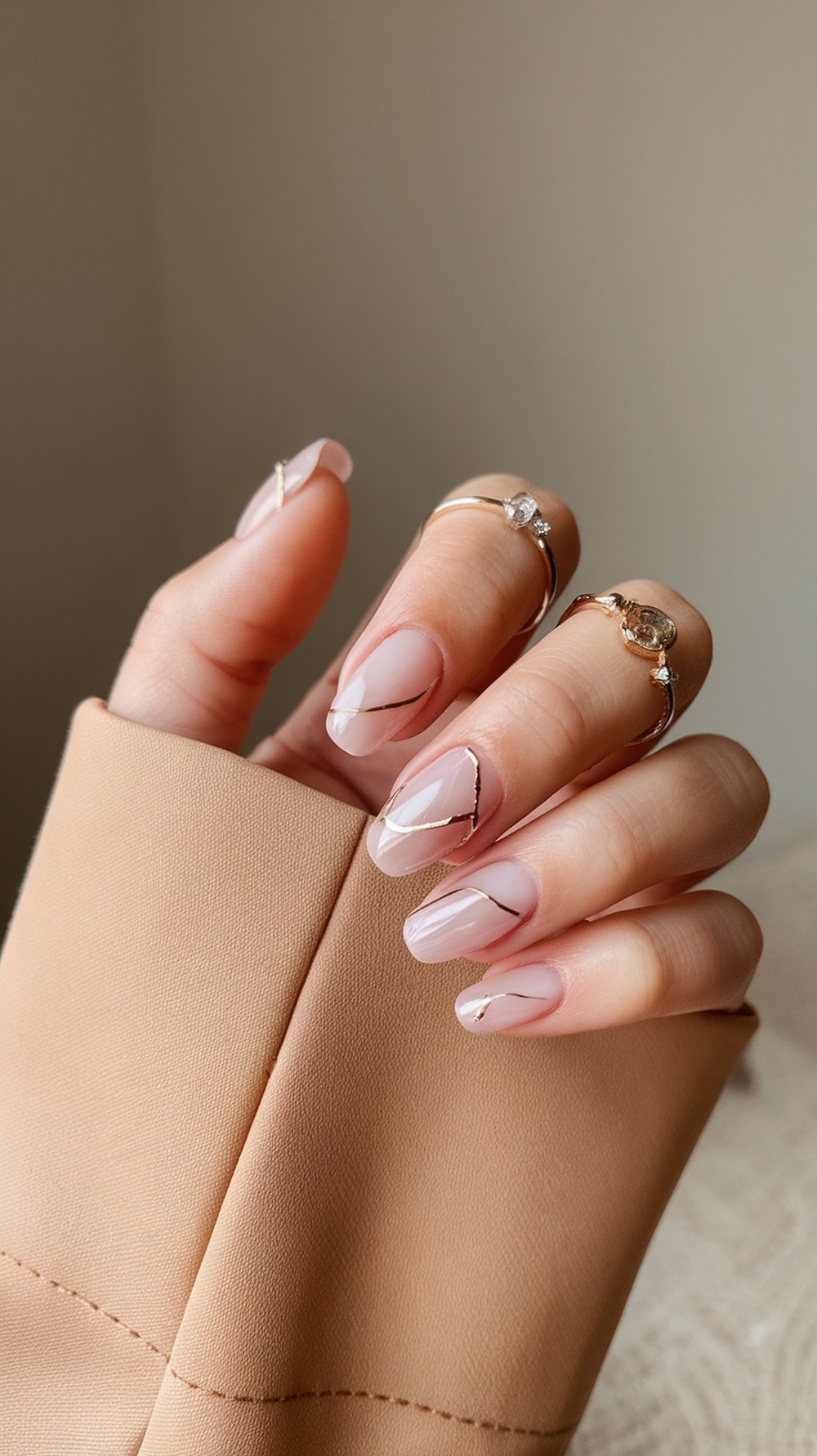 Close-up of beach-inspired nails with a soft pink base and gold accents.