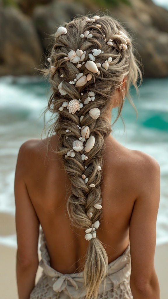 A blonde woman with a mermaid braid adorned with seashells, sitting on the beach.