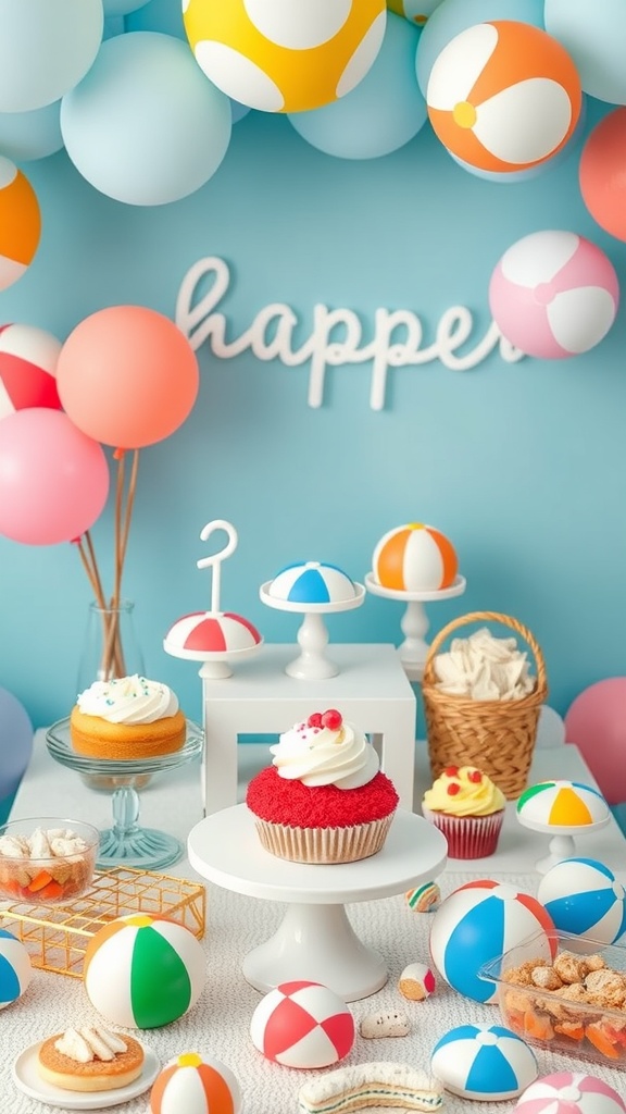 A colorful beach ball-themed dessert table featuring cupcakes and sweet treats decorated for a summer baby shower.