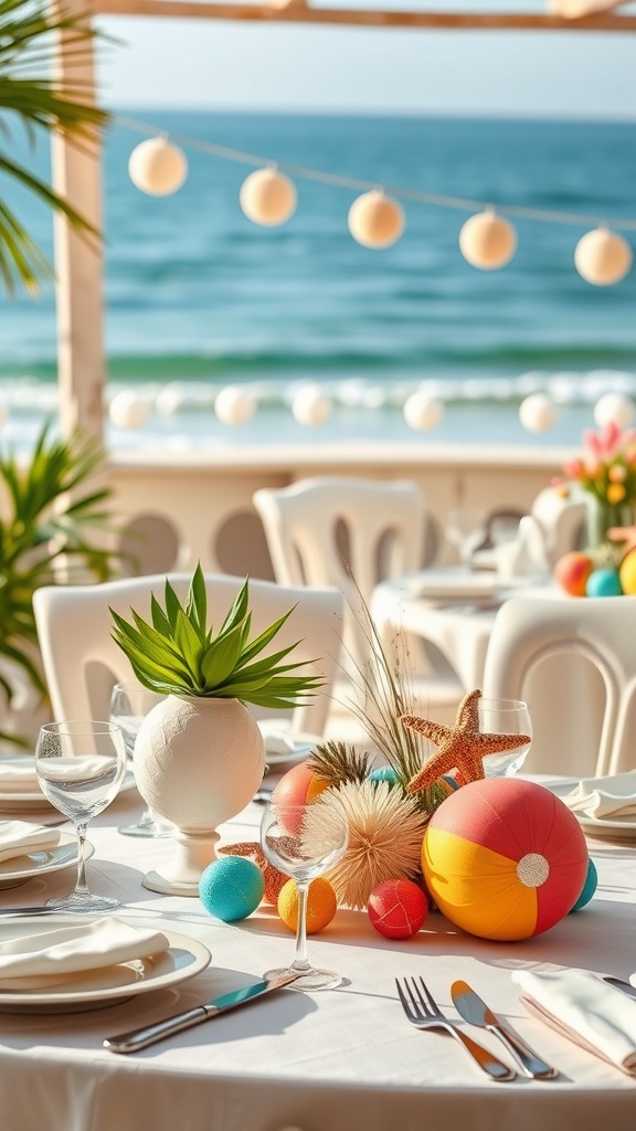 Colorful beach ball centerpieces arranged on a table with ocean view