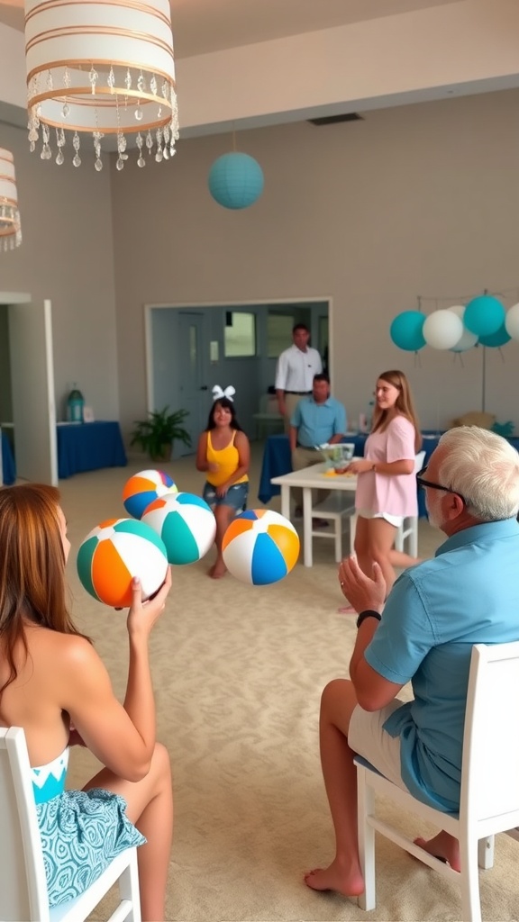 Guests playing beach ball games at an ocean-themed baby shower.